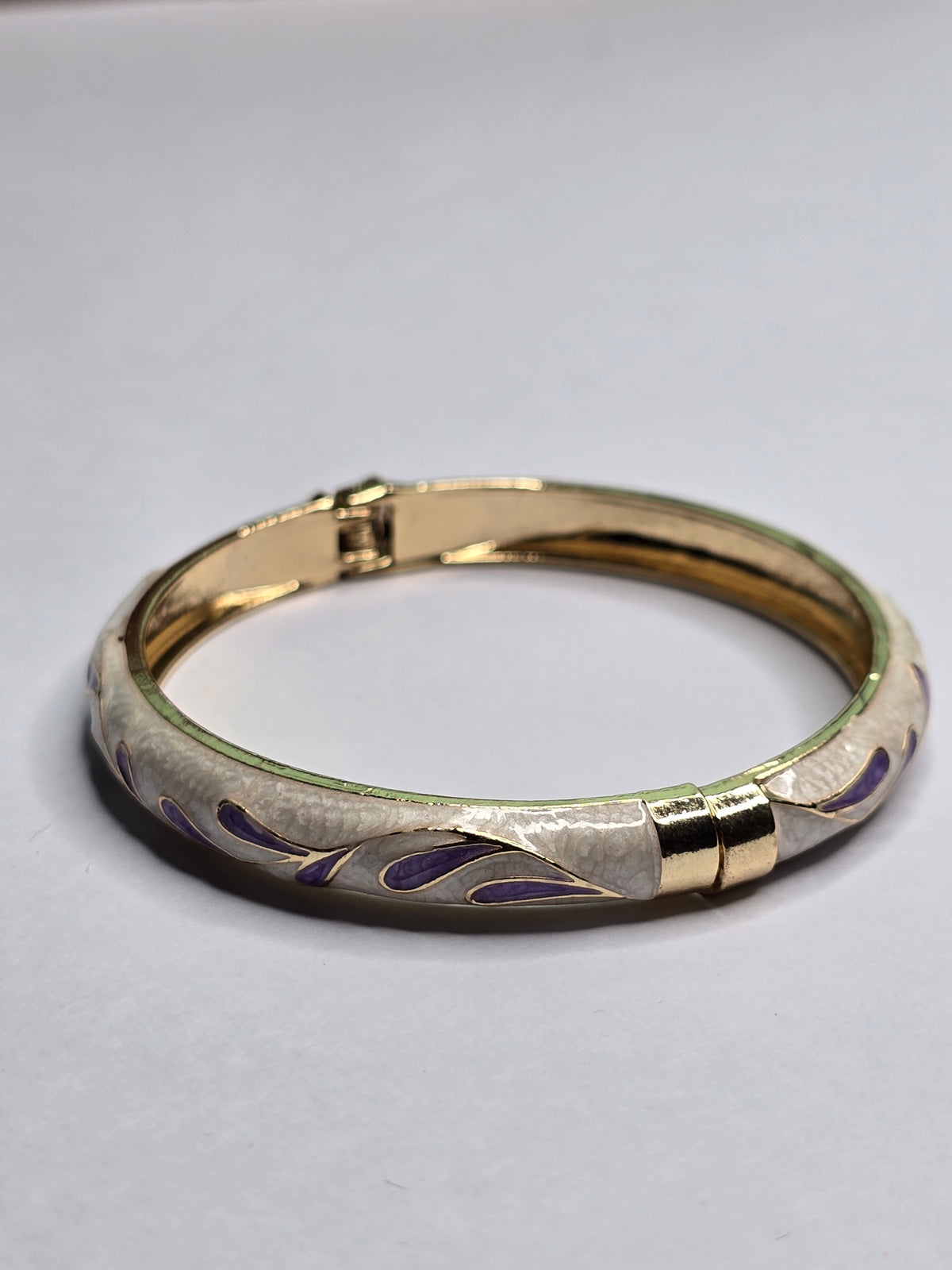 Gold Enamel Cloisonné Bangle Bracelet - White & Purple Leaf