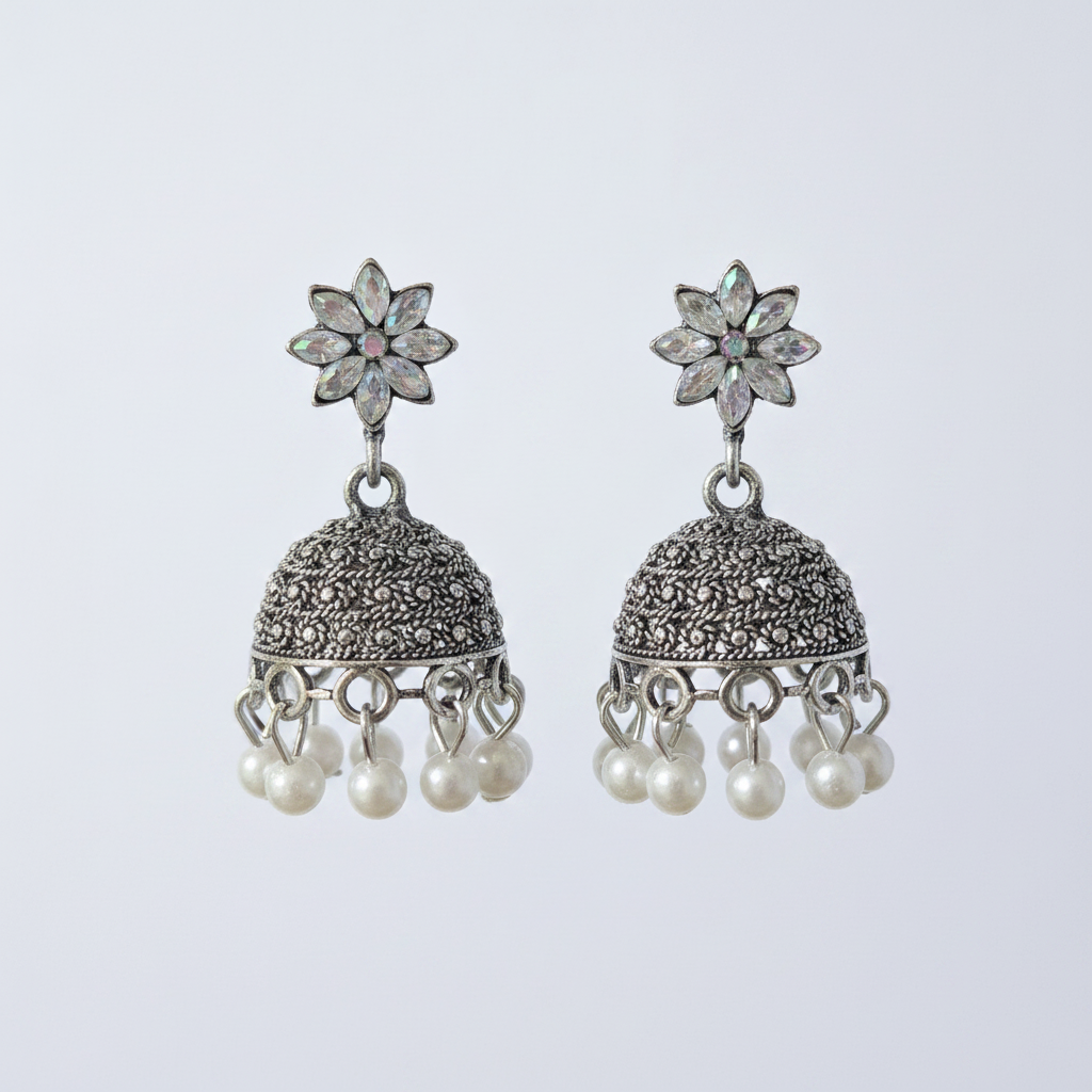 Crystal Flower Jhumka Earrings with Pearl Drops
