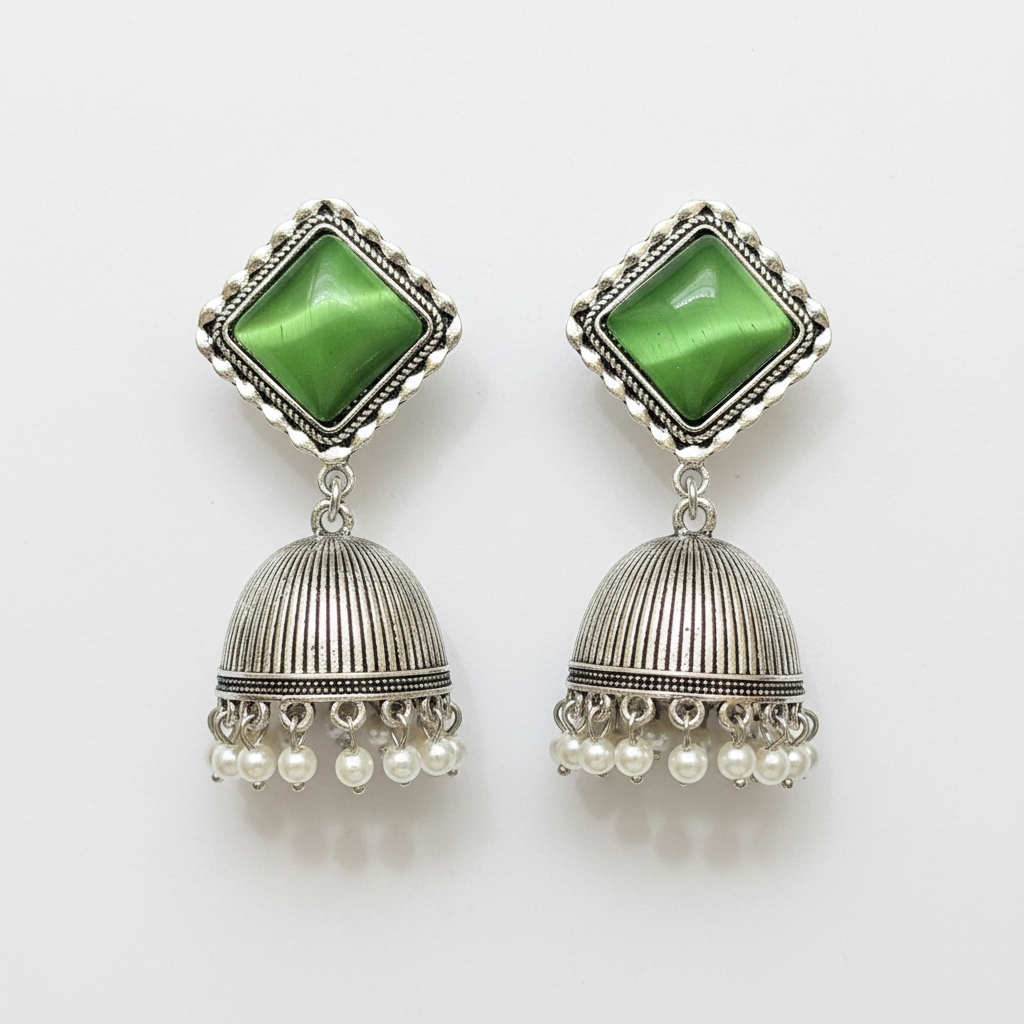 Green Cat Eye Stone Jhumka Earrings