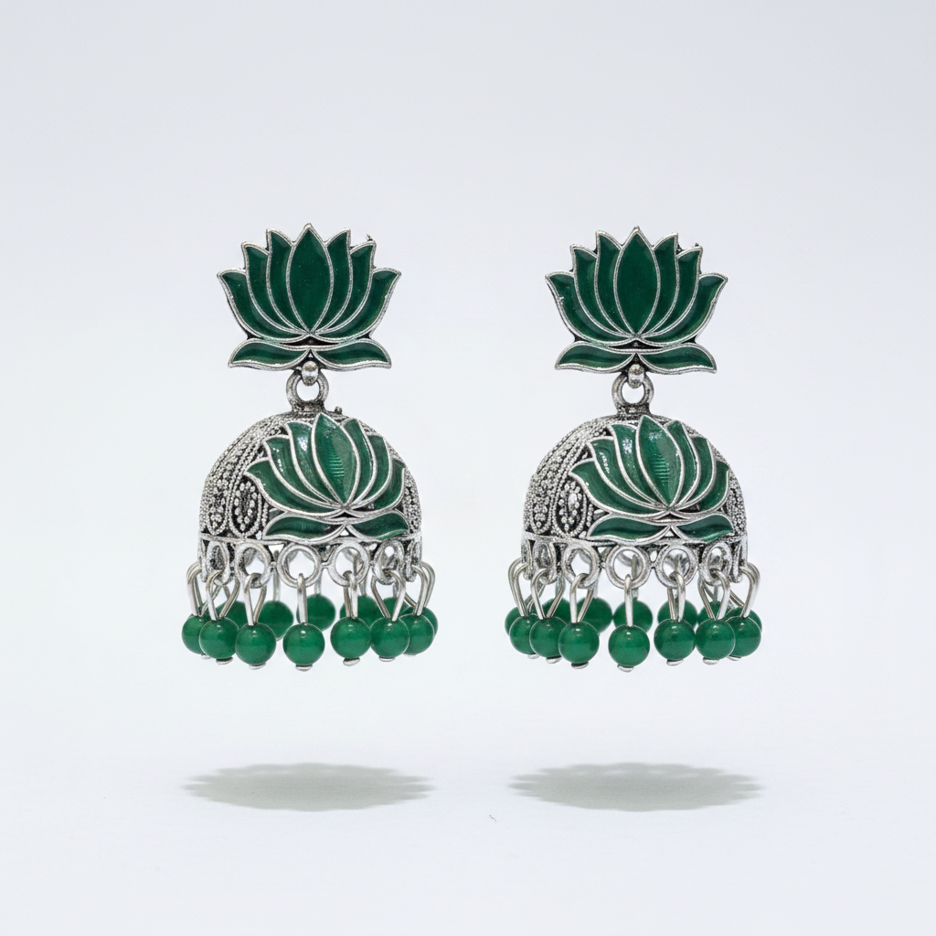 Green Lotus Jhumka Earrings