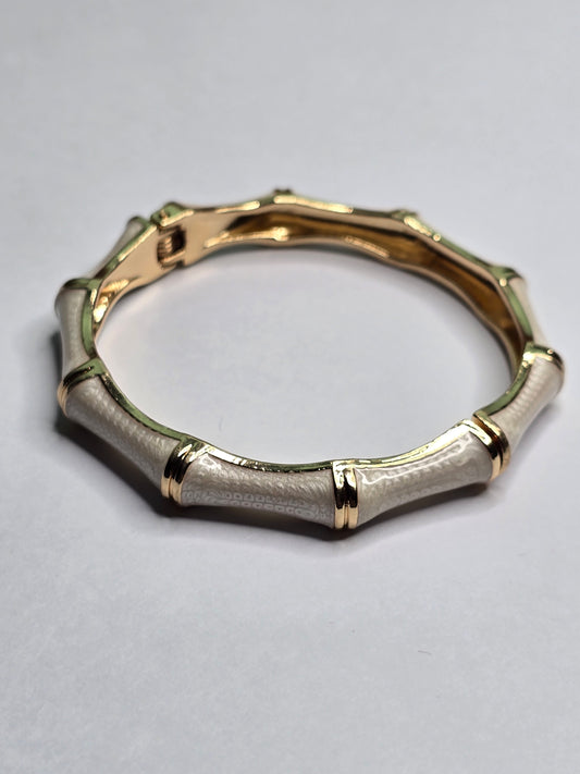 Gold Enamel Cloisonné Bangle Bracelet - White Bamboo