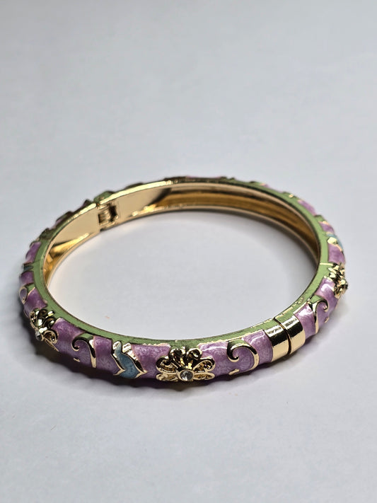 Gold Enamel Cloisonné Bangle Bracelet - Lavender Fleur-de-Lis