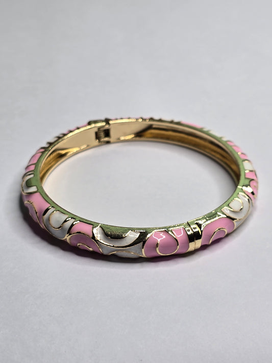 Gold Enamel Cloisonné Bangle Bracelet - Pink & White Floral Scroll