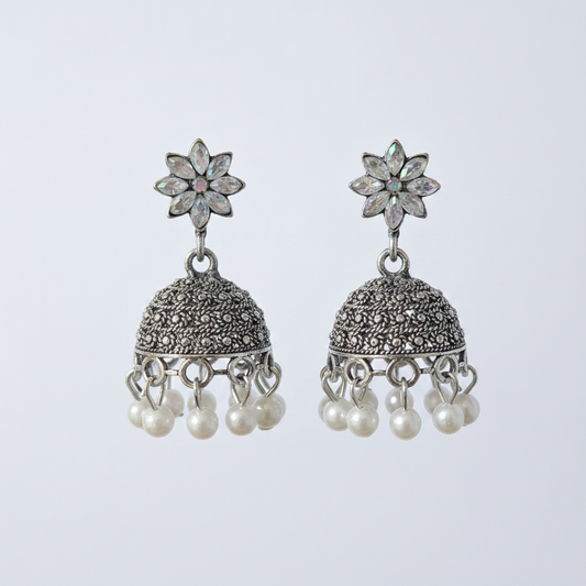 Crystal Flower Jhumka Earrings with Pearl Drops