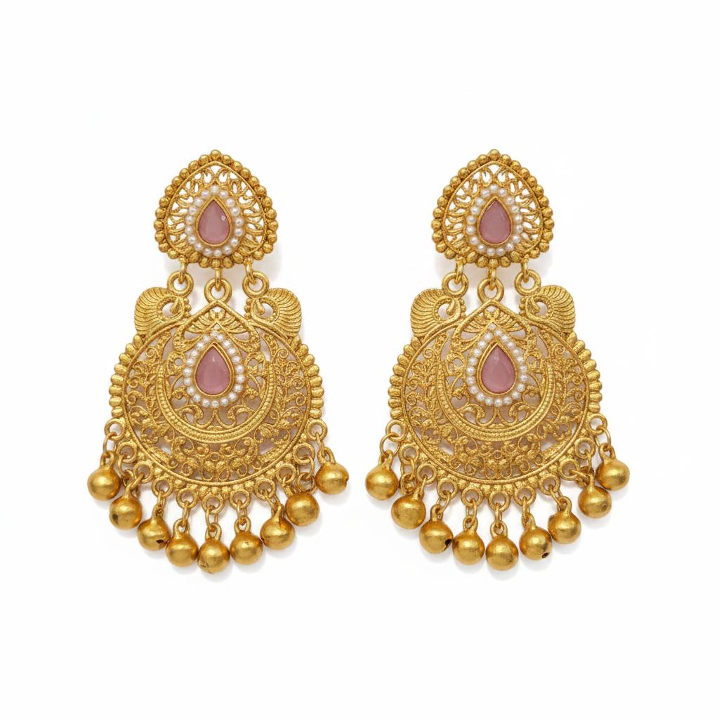 Gold Chandbali Pink Stone Ghungroo Earrings