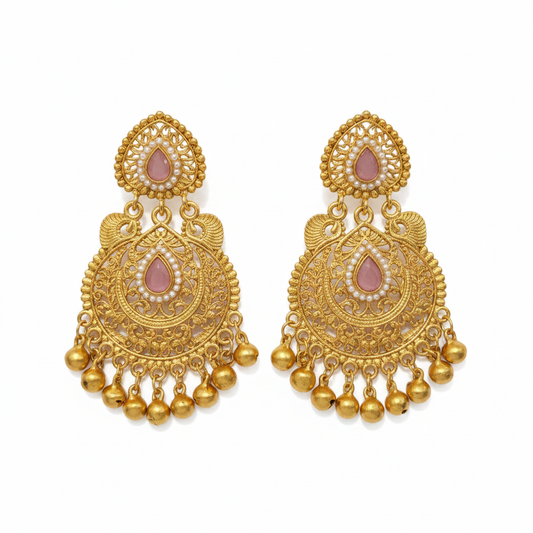 Gold Chandbali Pink Stone Ghungroo Earrings