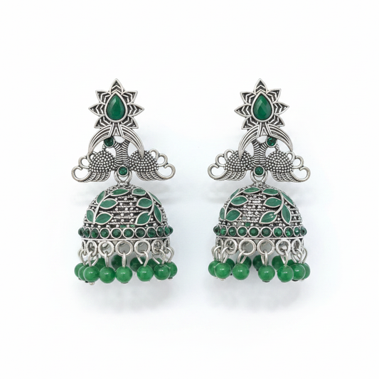 Oxidized Silver Peacock Green Emerald Jhumka Earrings