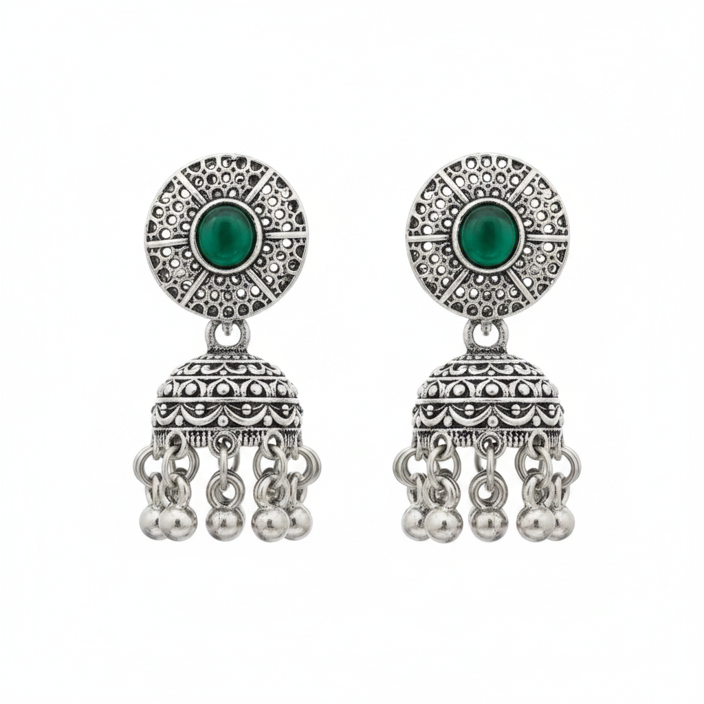 Oxidized Silver Disc Jhumka Earrings